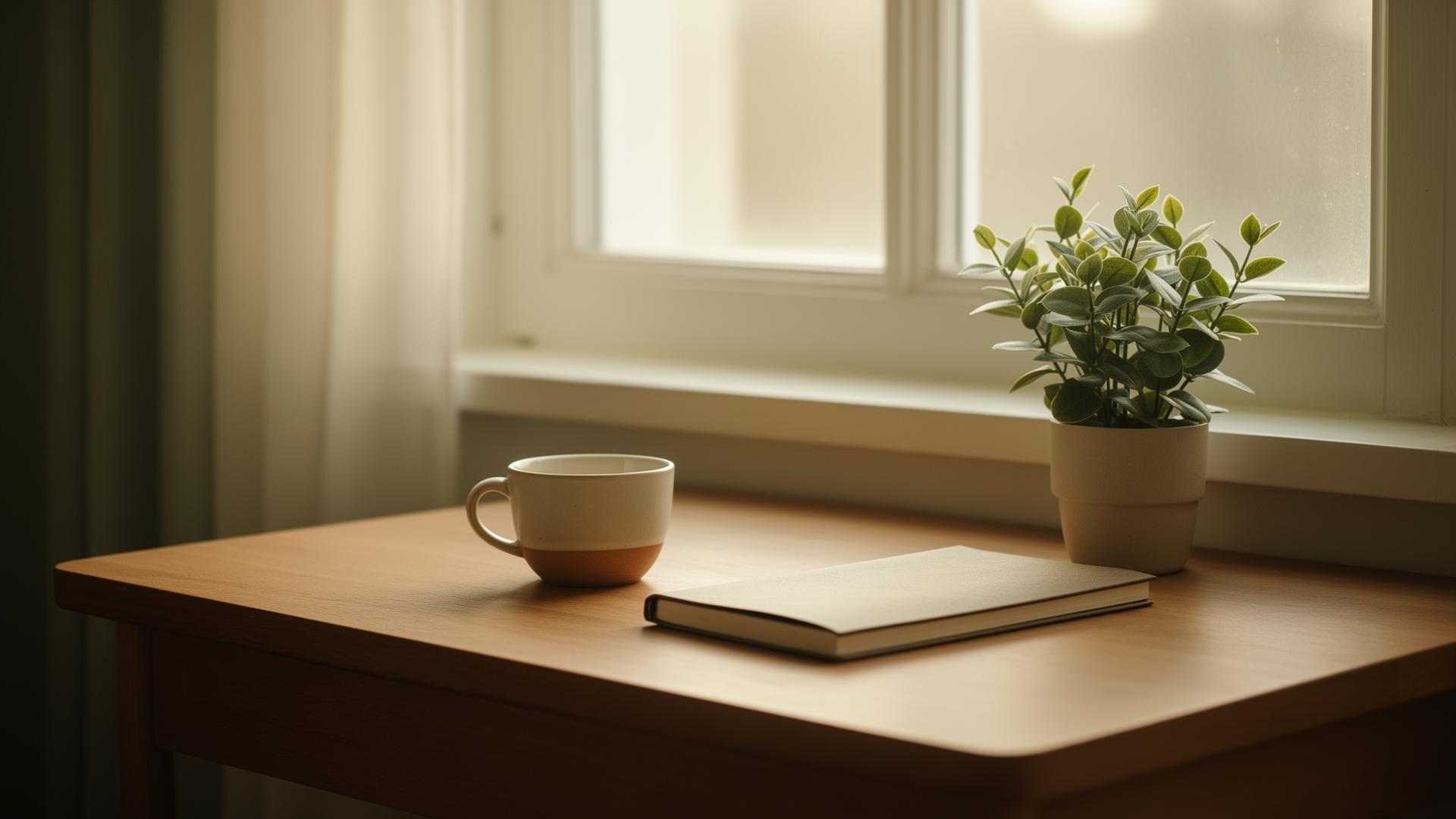 A quiet desk by a window, morning light